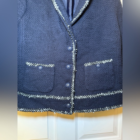 Talbots Woman’s Navy Blue Tweed Blazer Jacket With Braided White Trim Size 16 - Picture 3 of 9
